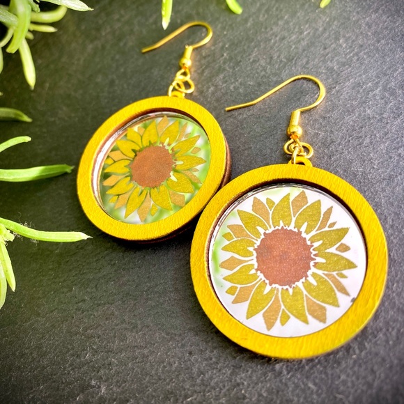Hand Painted Mirror & Wood Sunflower Dangle Earrings - Picture 1 of 1